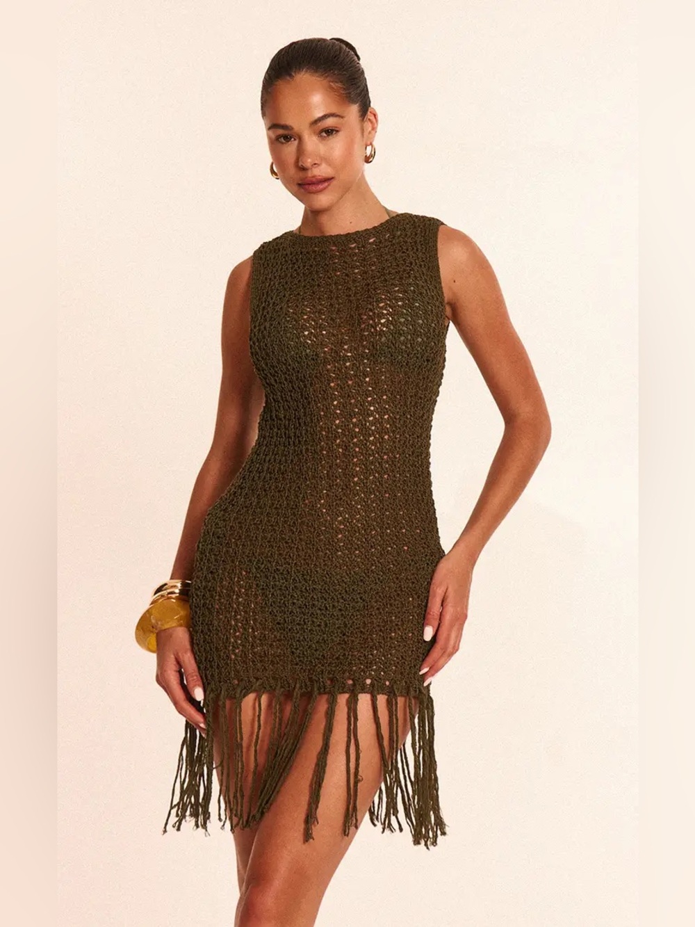2 PrettyLittleThing Olive Crochet Boat Neck Tassel Mini Dress - Picture 2 of 10